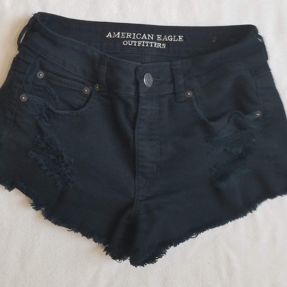 AE Stretch Black Distressed Cut-Off Denim  Shorts